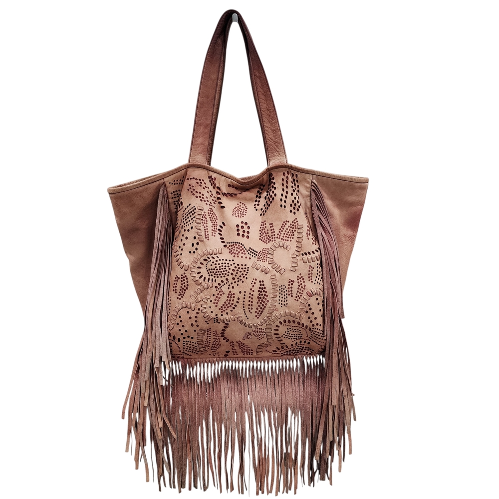 FRYE VIVIAN LEATHER FRINGED LARGE TOTE BAG "FLAWS"